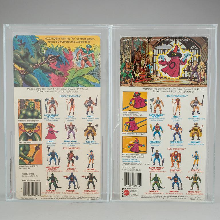 MASTERS OF THE UNIVERSE, Orko series 3 AFA80 Y-NM and Moss Man series 4 AFA80 NM, Mattel 1984-85.