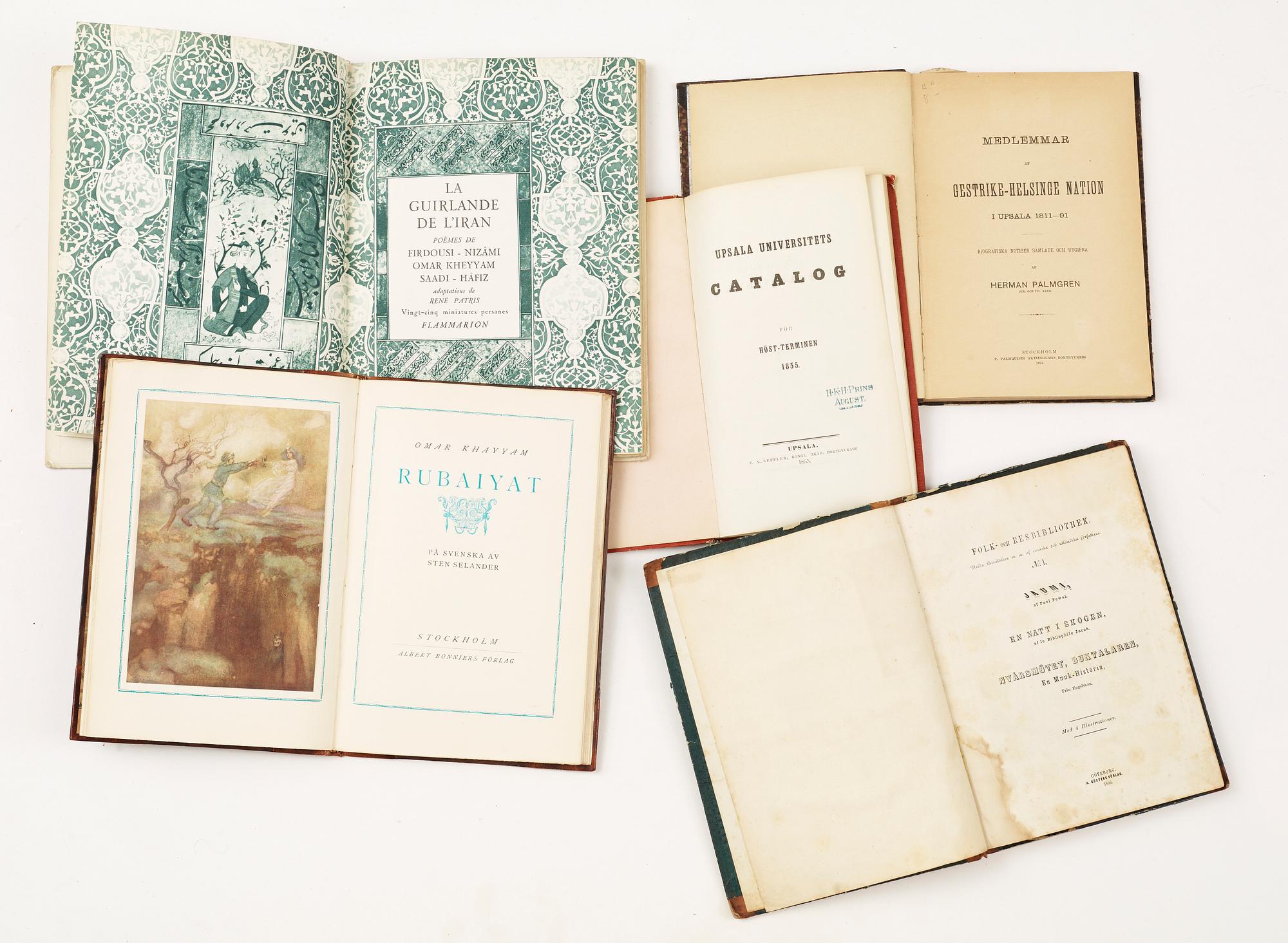 BOKPARTI VARIA, 26 vol, bla "Upsala universitets catalog 1855" med stämpel HKH Prins August.