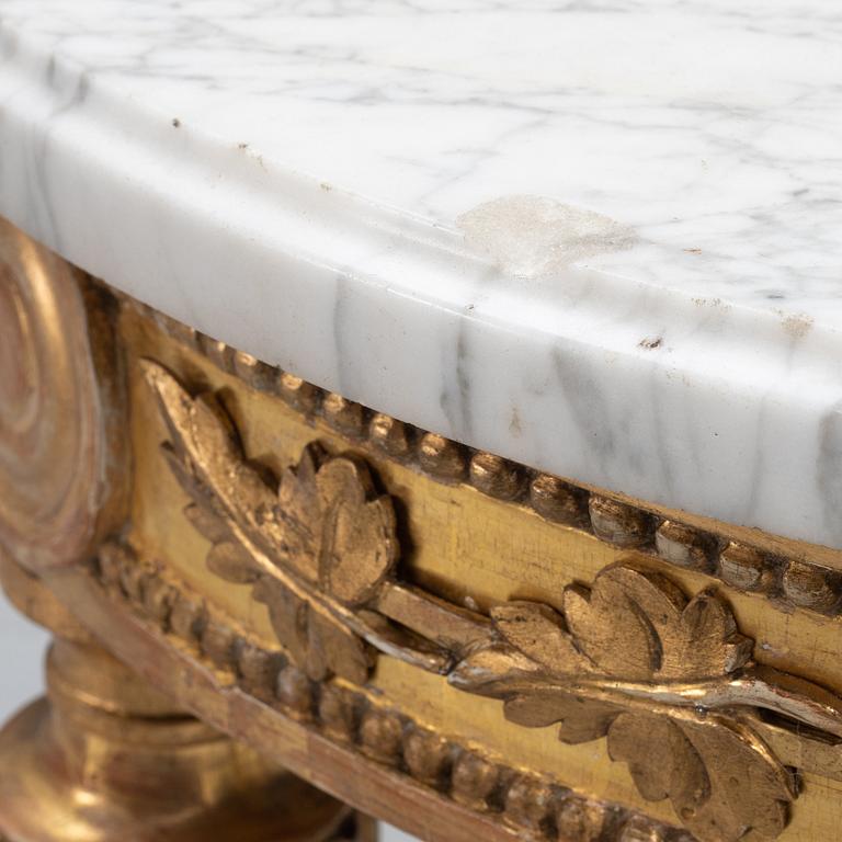 A Gustavian giltwood and white marble console table, Stockholm, late 18th century.