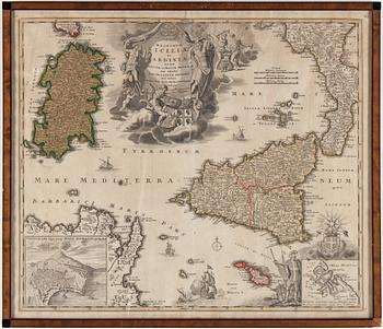 Johann Baptist Homann · JOHANN BAPTIST HOMANN, handkolorerad gravyr, Sicilien och Sardinien. 1700-tal.