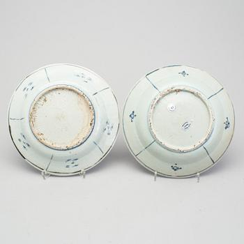 A group of four Chinese kraak porcelain plates, possibly Ming (1368-1644).