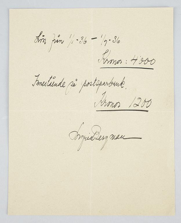 AUTOGRAF PÅ KVITTO, Ingrid Bergman, egenhändig. 1936.