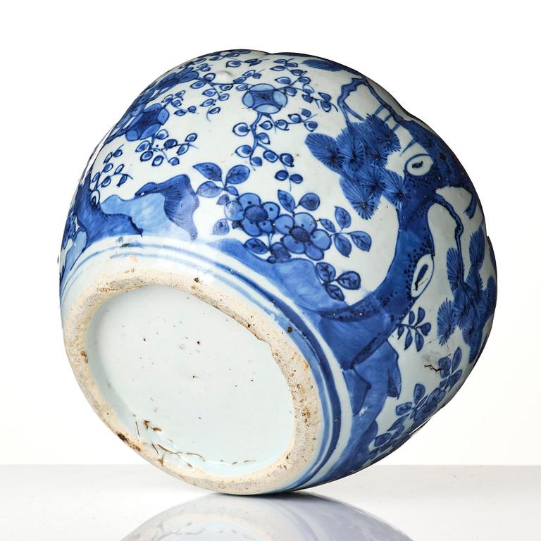 A blue and white melon shaped 'three friends of winter' jar, Ming dynasty, Wanli (1572-1620).