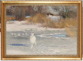 Bruno Liljefors, Winter landscape with hare and hounds.
