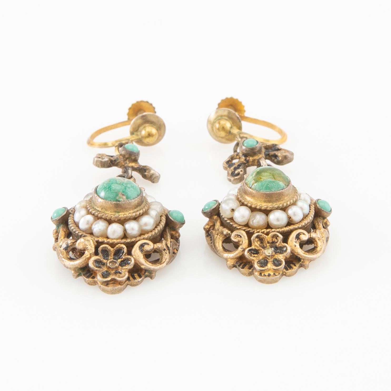 Earrings, a pair with enamel, turquoises, and cultured seed pearls, circa 1900.