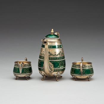 A David Andersen sterling and enamel three pcs of coffee set, Norway early 20th century.