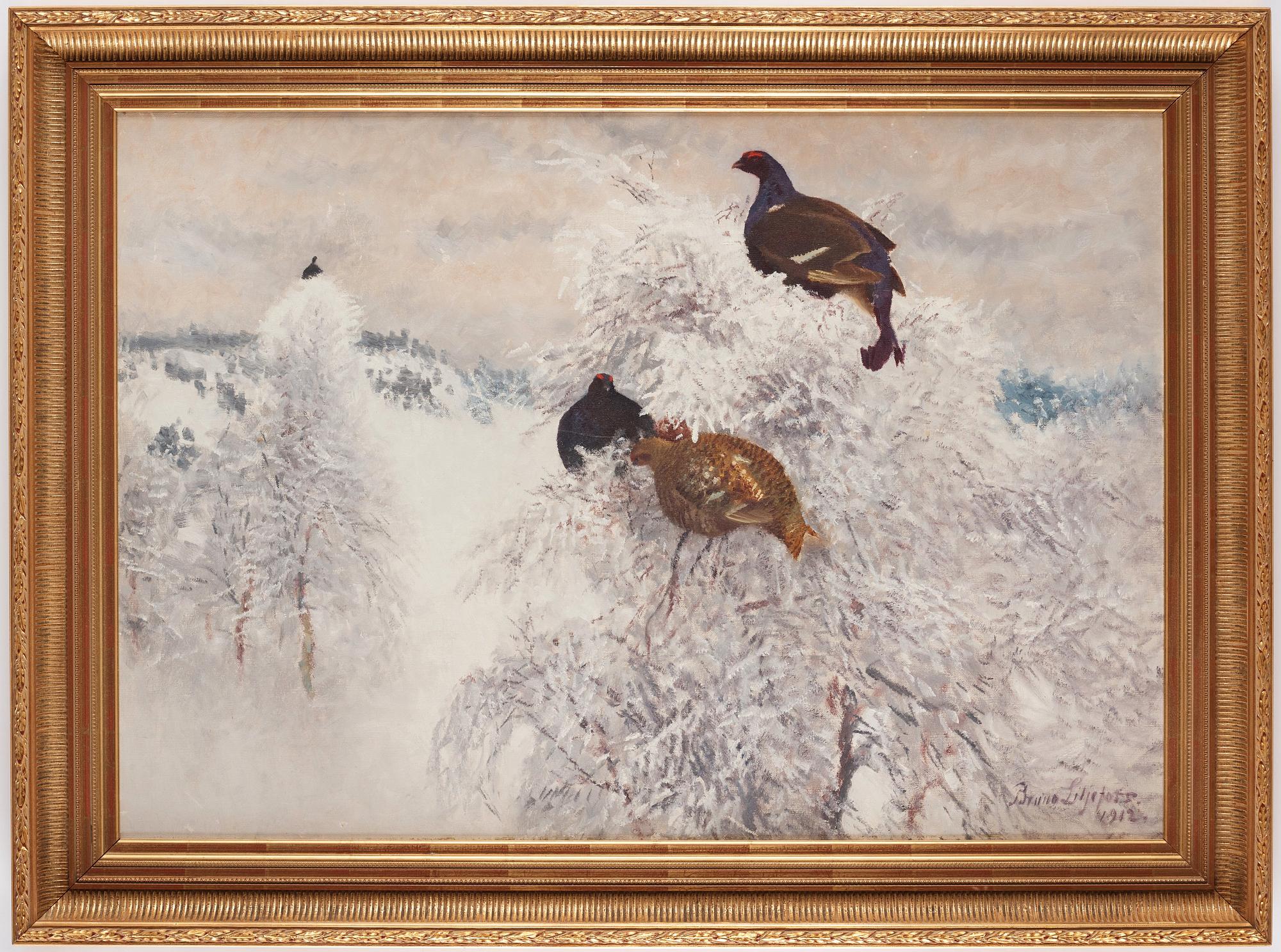 Bruno Liljefors, "Orrar i vinterlandskap" (Winter landscape with black grouse).