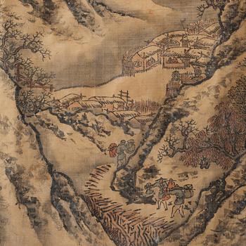 A Chinese hanging scroll, ink and color in silk, signed Shen Zhou (1427-1509), after, 20th century.