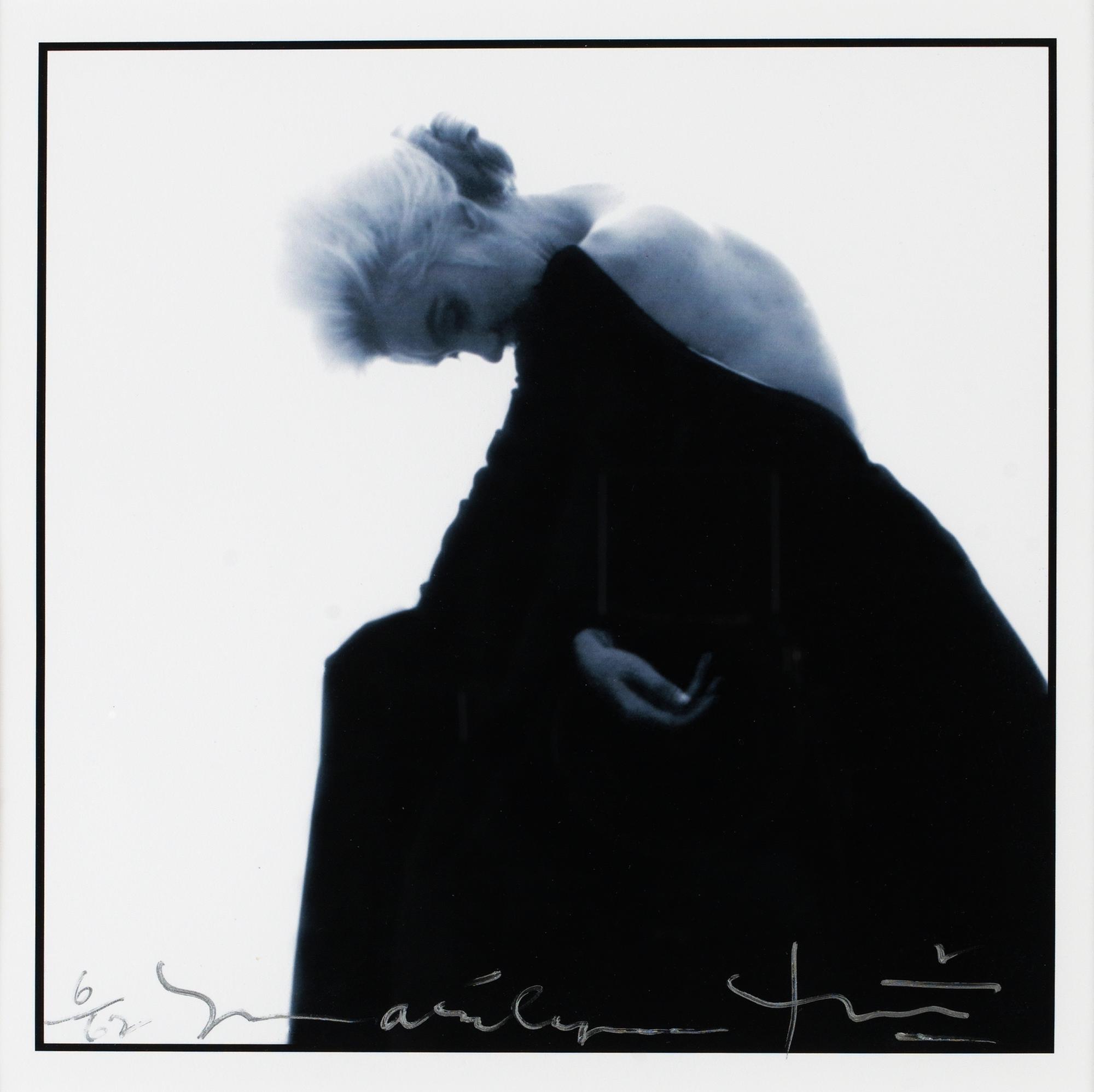 Bert Stern, "Marilyn Monroe in black dress bowing".