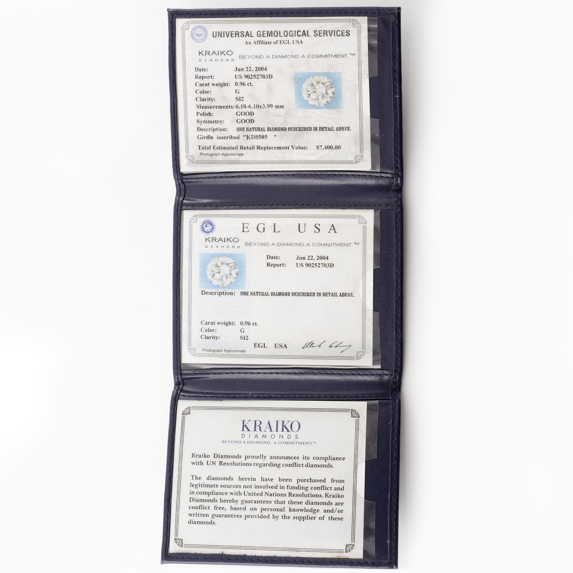 Ring, solitaire, white gold with brilliant-cut diamond 0.96 ct.