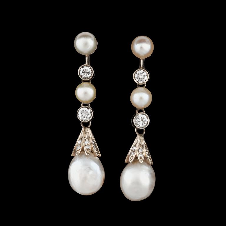 A pair of possibly natural dropshaped pearls and brilliant-cut diamonds circa 0.60 ct.