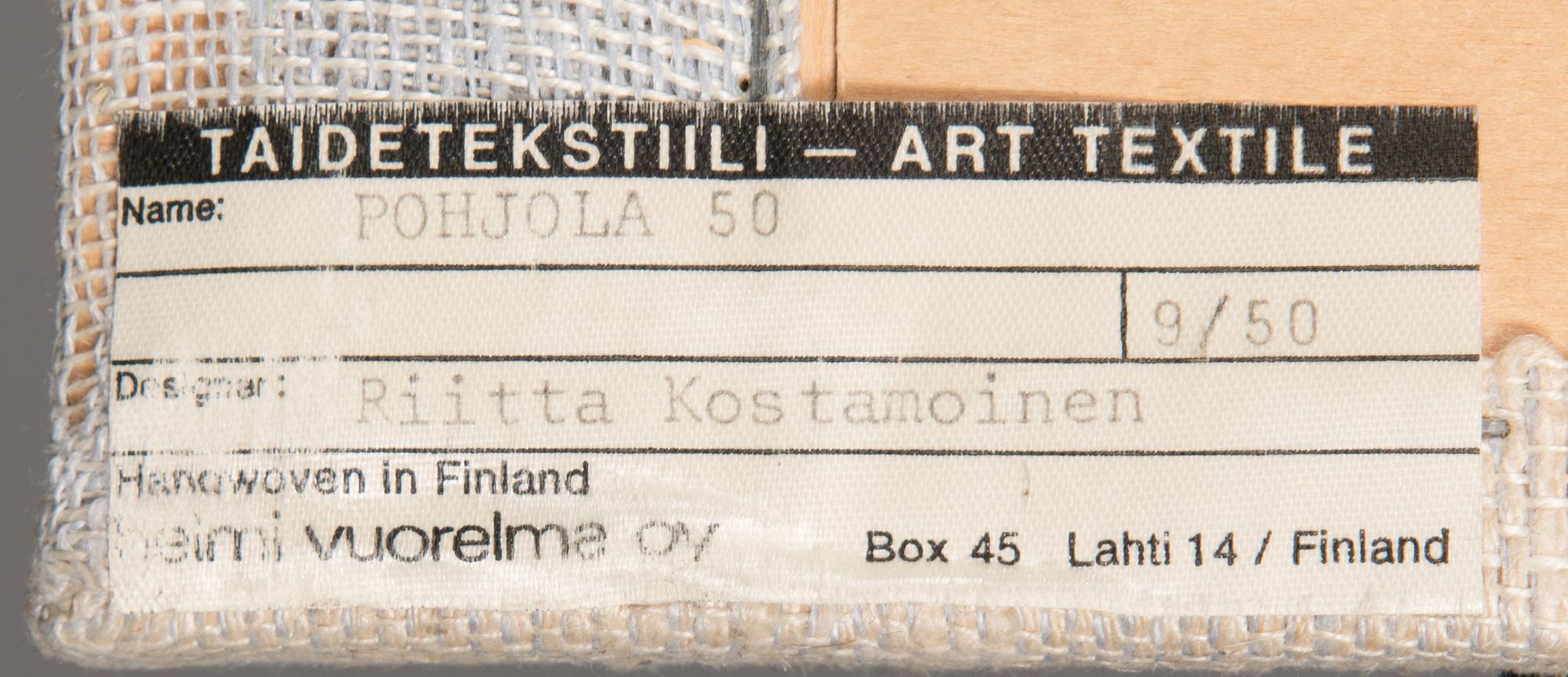 Riitta Kostamoinen, a tapestry signed RK and numbered 9 /50 for Helmi Vuorelma. Circa 100x150 cm.