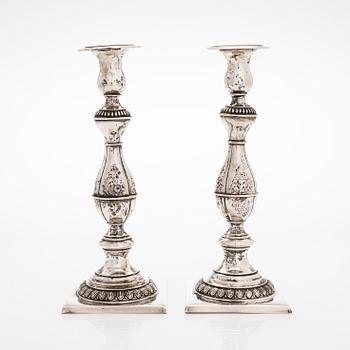 A pair of Sabbath candlesticks in low-grade silver, Poland. Unidentified makers mark.