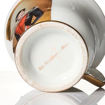 Chokladkoppar, ett par, porslin. Senempire, 1800-tal. En signerad Wilhelm Heineman, Stockholm.