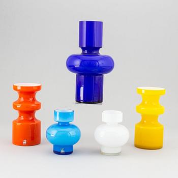 PO Ström, five glass vases, Alsterfors glasbruk, ca 1970.