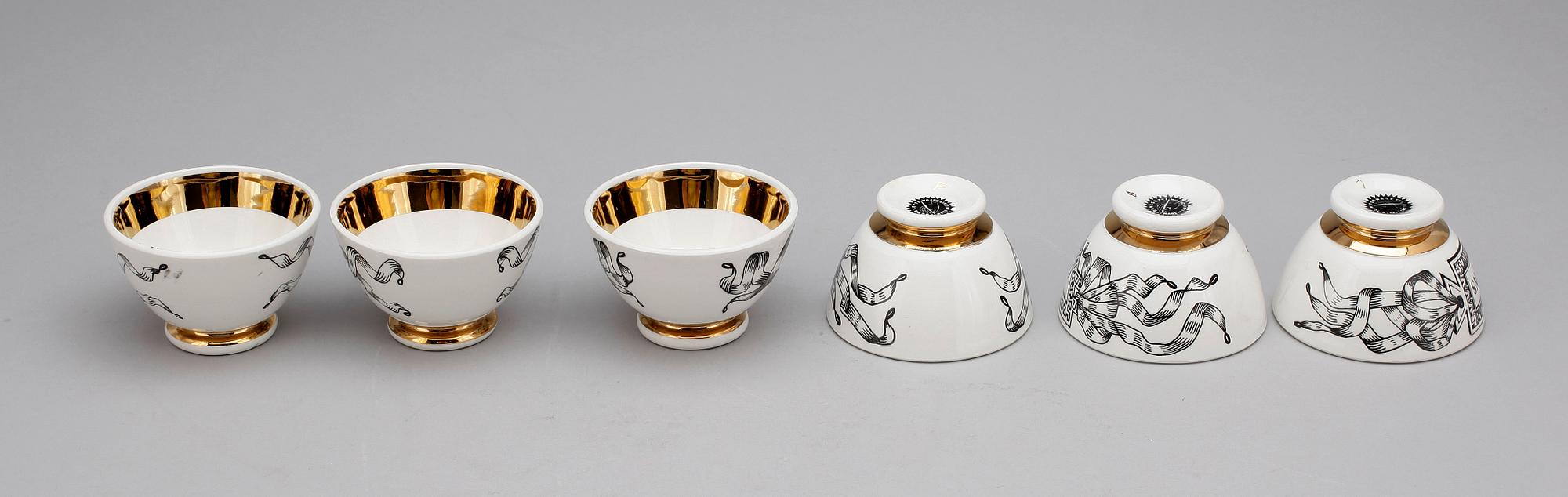 COCKTAILSKÅLAR, 6 st, porslin, Piero Fornasetti, Milano Italien 1900-talets andra hälft..