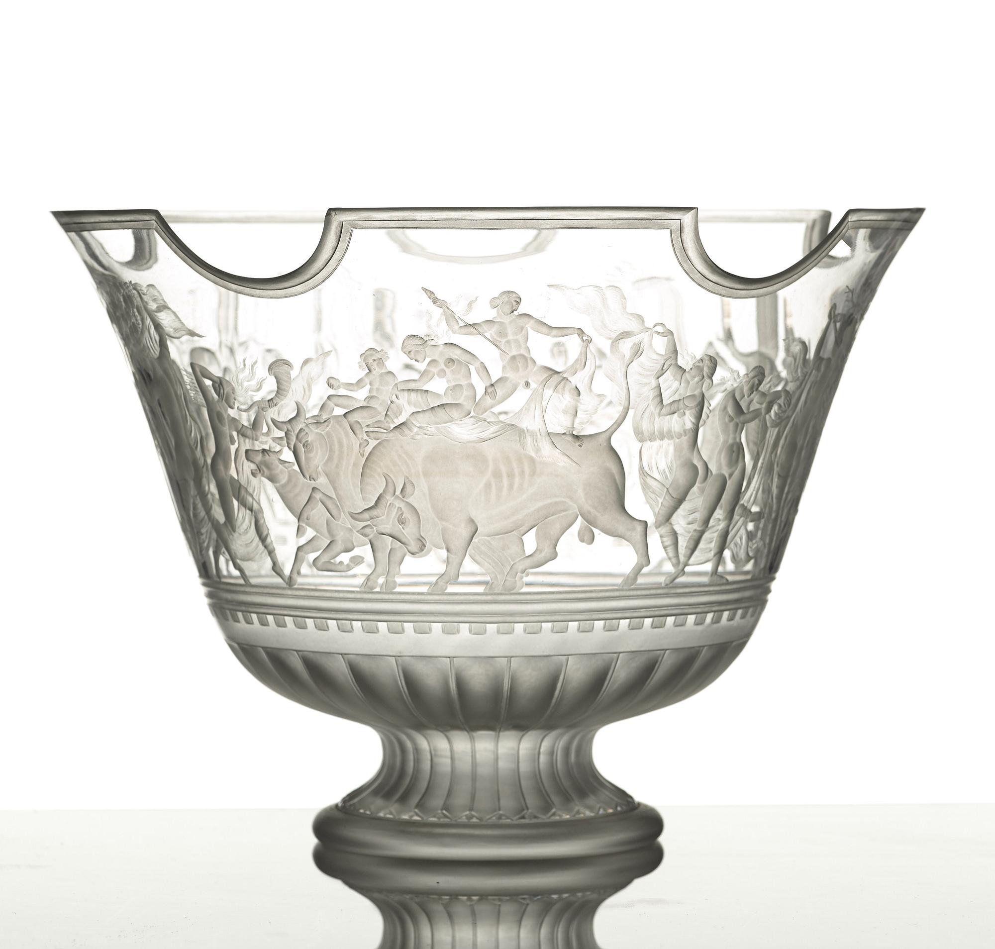Simon Gate, a Swedish Grace engraved "Bacchus" bowl, Orrefors, Sweden 1926, engraved by Arthur Diessner.