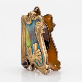 A Fedor Lorie pendant/frame, enamelled 14K gold and silver set with an old-cut diamond and banded agate.