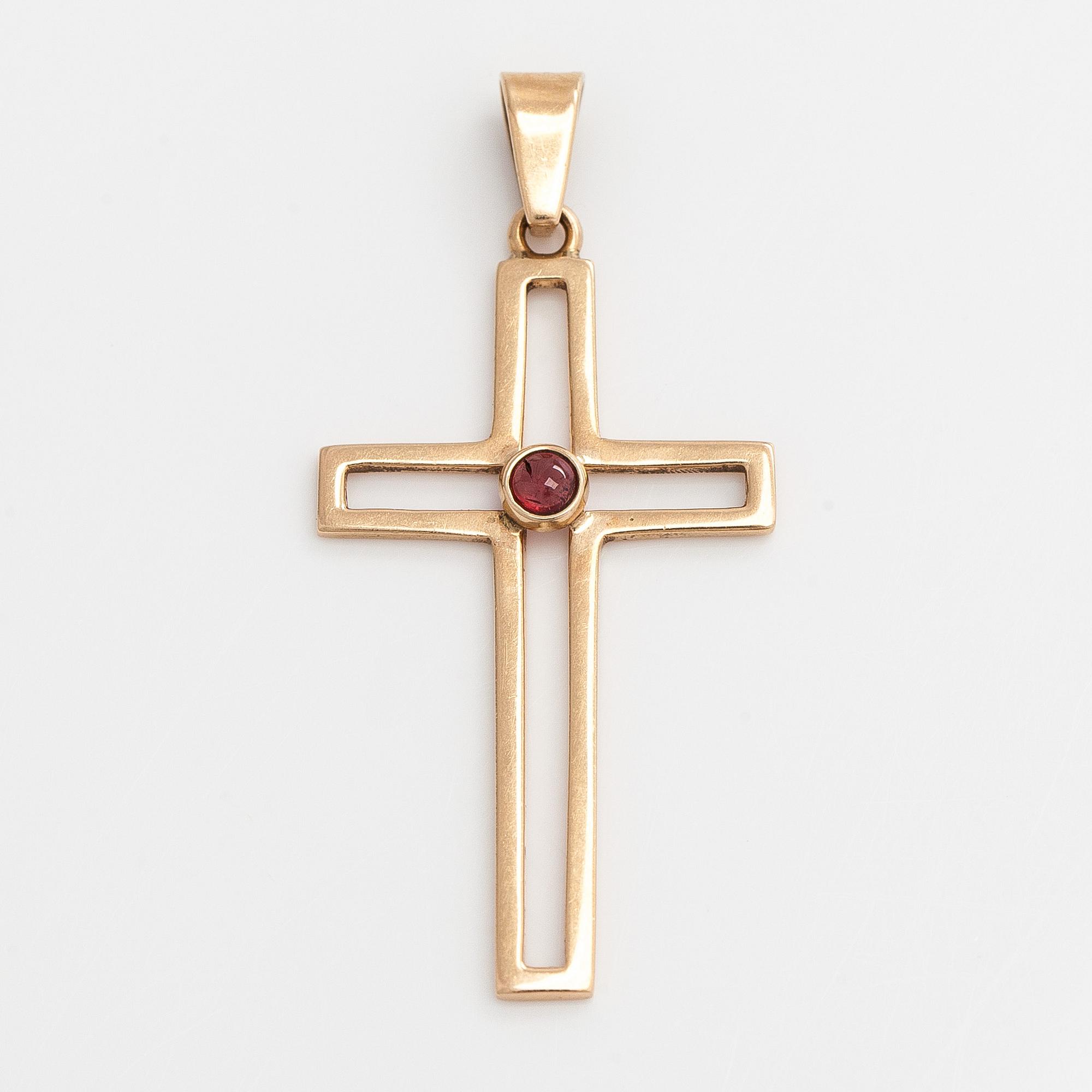 Pendant / cross, cabochon cut garnet, 14K gold, Westerback, Helsinki 1961.