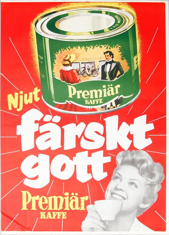 REKLAMAFFISCH, litografiskt tryck, "Premiär Kaffe", 1950-talet.