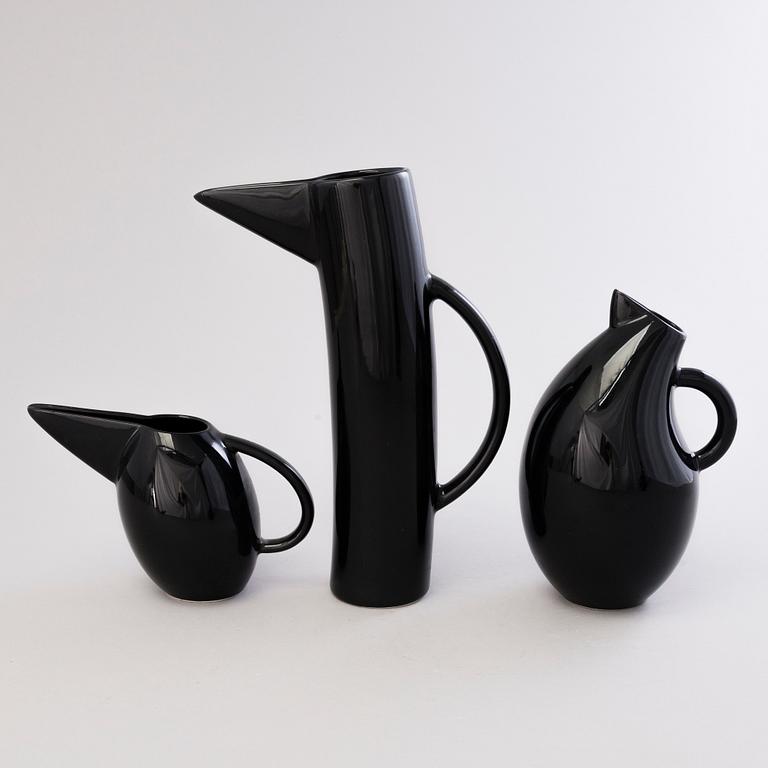 KATI TUOMINEN-NIITTYLÄ Three Black Ceramic Storybirds Jugs by Arabia, Finland, late 20th century.