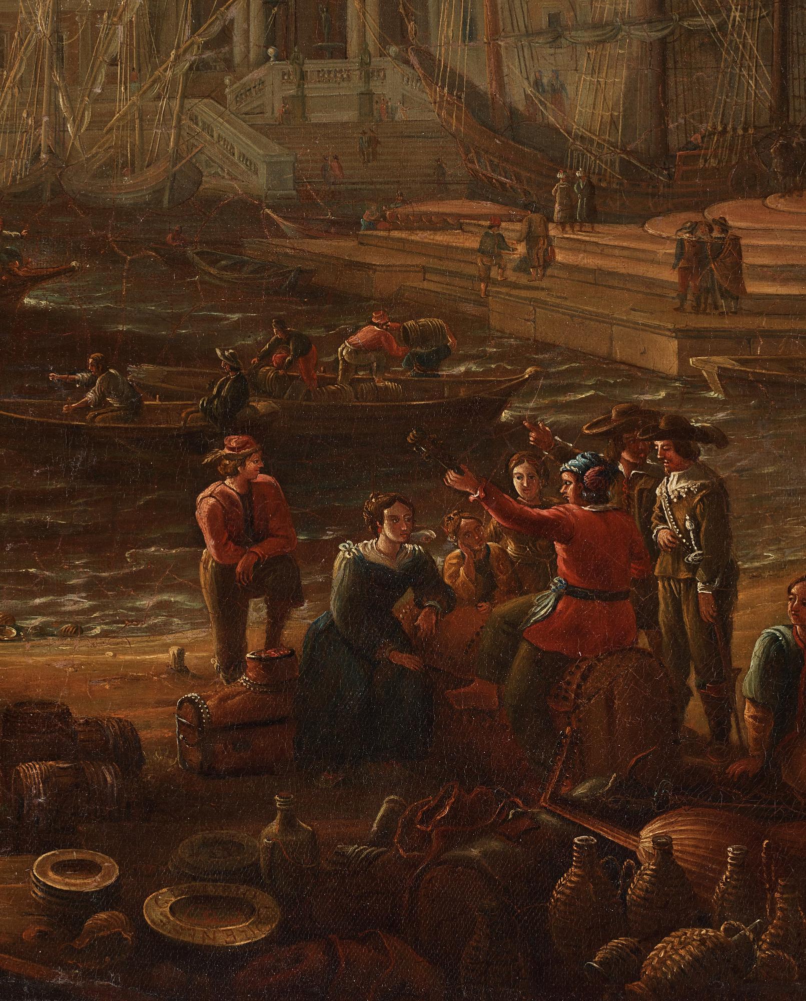 Hamnbild med Villa Medici och handelsmän.