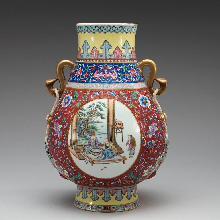 A Chinese famille rose sgrafitto vase, 20th Century, Jiaqing seal mark.