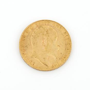 GULDMYNT, sovereign, Edward VII, Storbritannien, 1908. Vikt ca 8 gram.