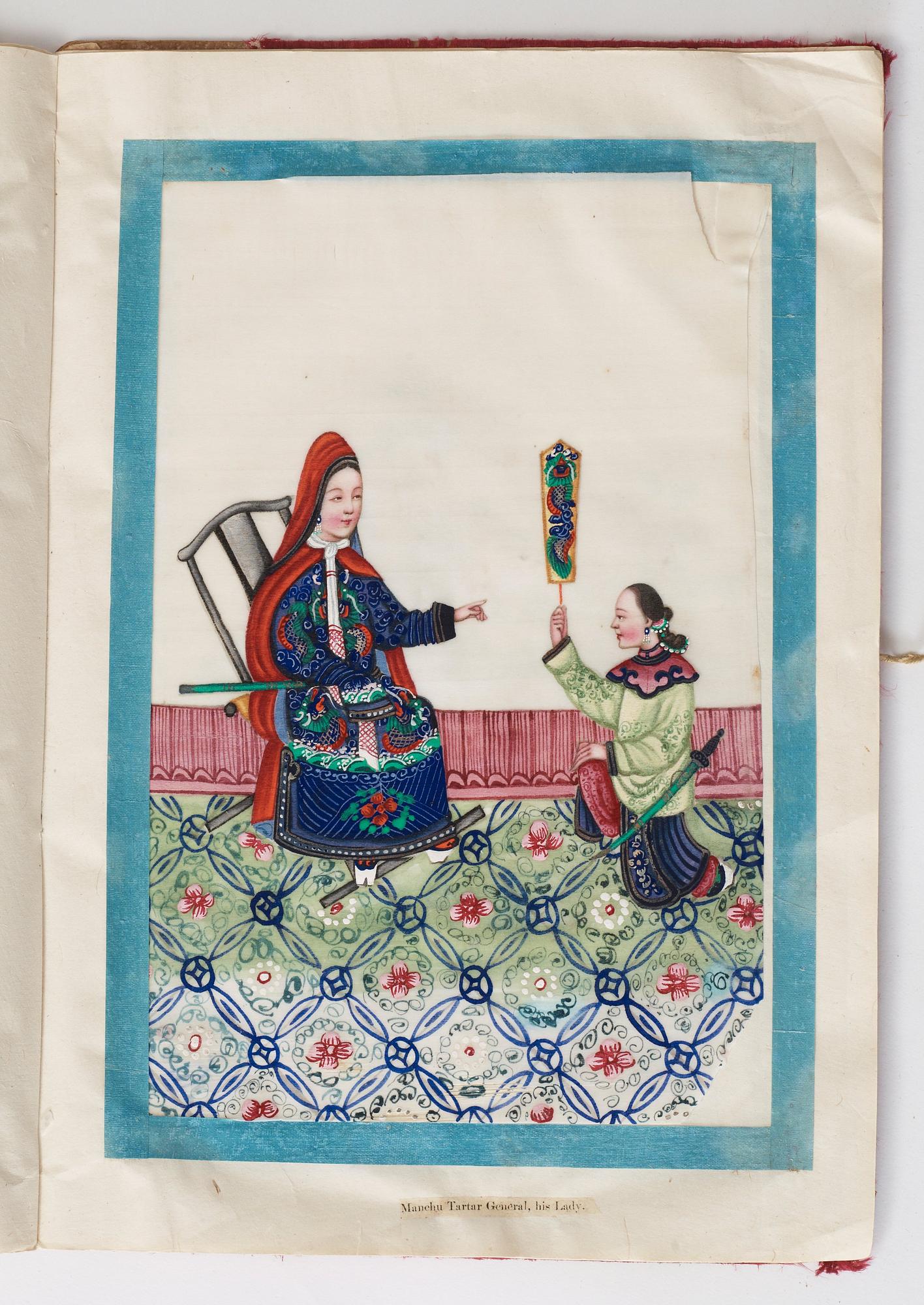 Album comprising 12 export gouaches on pith paper, portraying the Chinese court, Qing dynasty, late 19th Century.