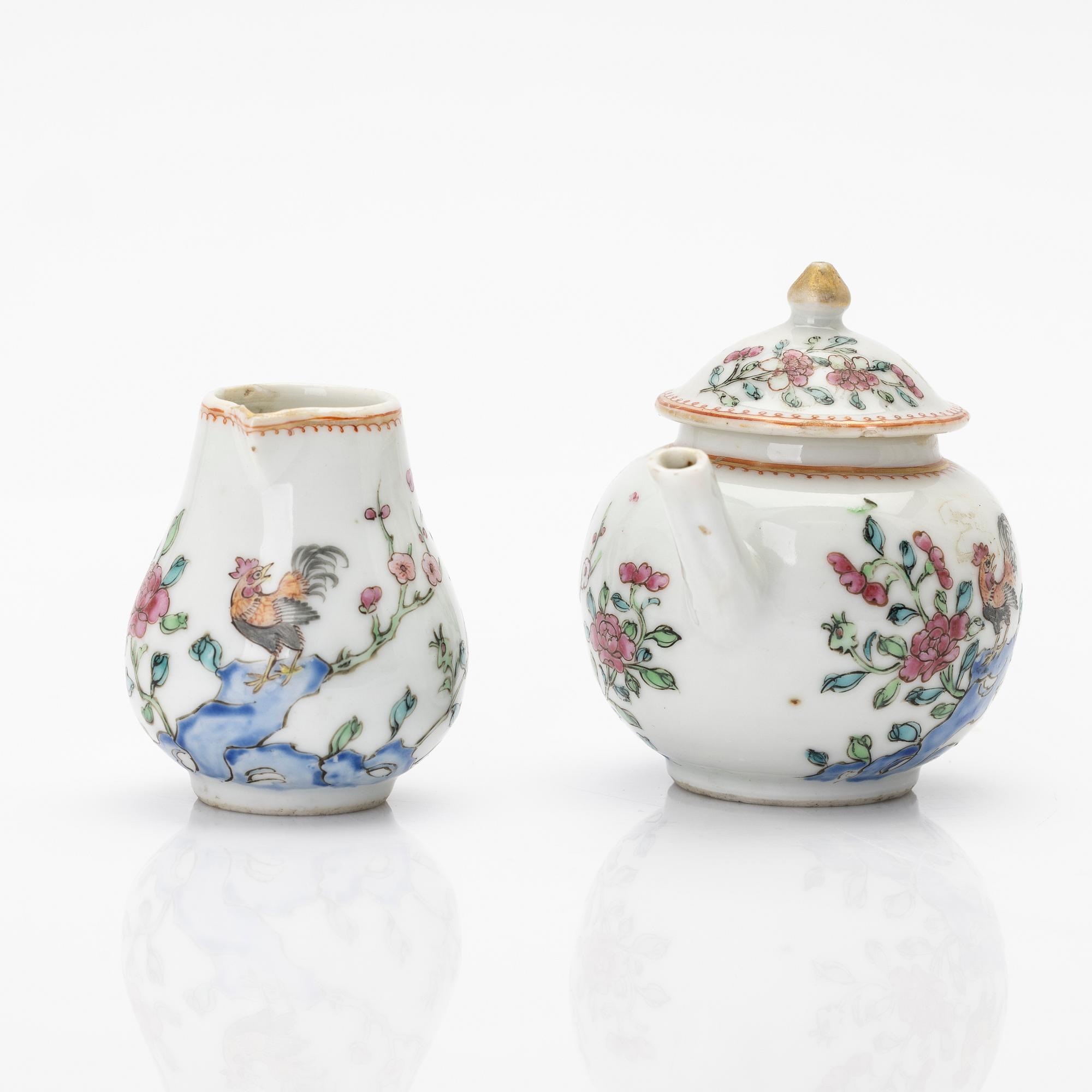 A Chinese famille rose porcelain teapot with cover and milk jug, Qing dynasty, Qianlong (1736–95).