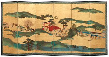 1595. A Japanese six fold screen, Meiji period (1868-1912).