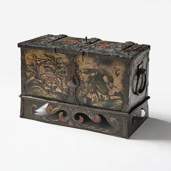 A South German presumably Nuremberg polychrome-painted wrought baroque iron casket, 17th century.