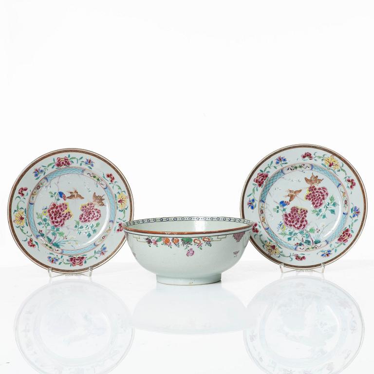 Two famille rose plates and a bowl, Qing dynasty, 18th century.