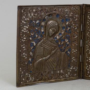 A RUSSIAN BRONZE TRIPTYCH ICON, 19th century.