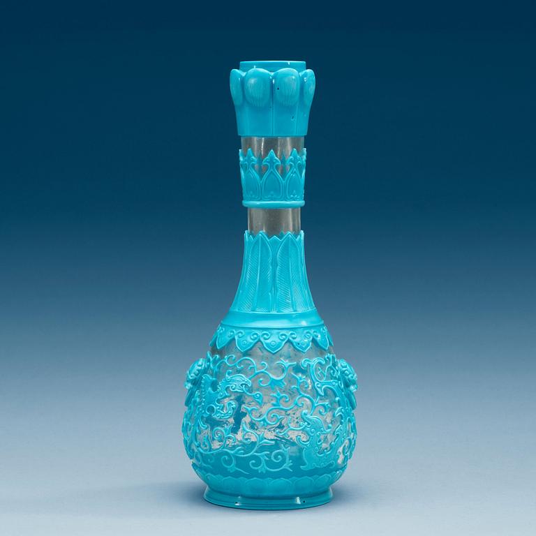 A Chinese turkoise Peking glass vase, inscription to base.