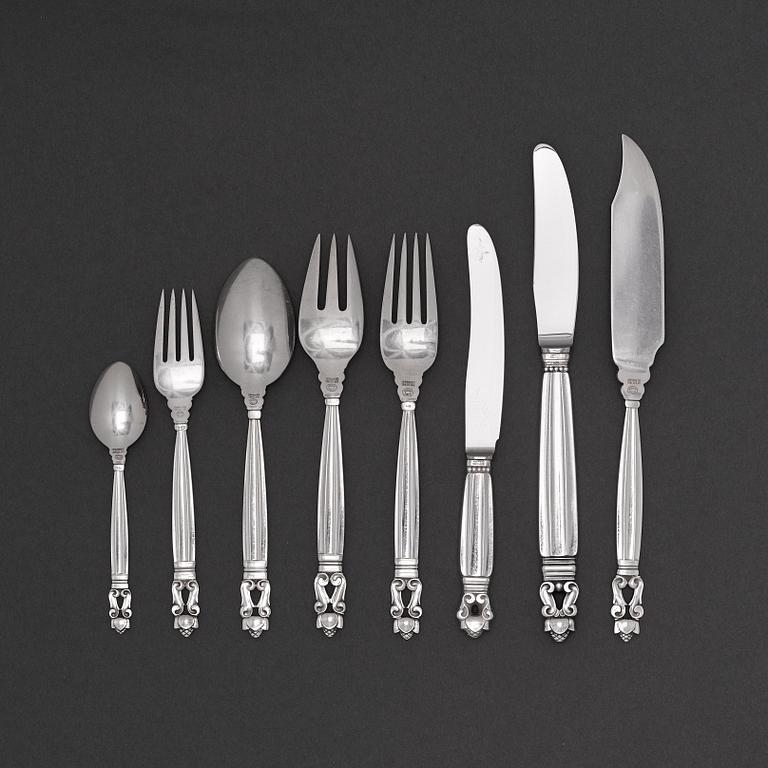 Johan Rohde, a 96 pcs set of 'Acorn' sterling silver and stainless steel flatware, Georg Jensen Copenhagen, Denmark post 1945.