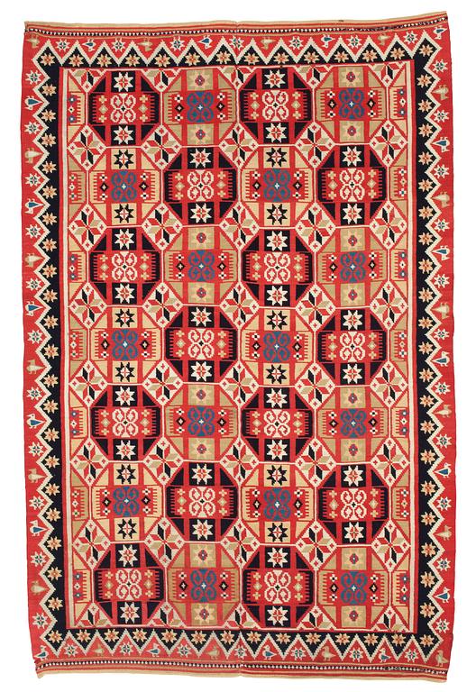 BED COVER. Double-interlocked tapestry. 213 x 136 cm. Scania, Sweden, around 1820-1830. Probably Yngsjö/Tuvåkra.