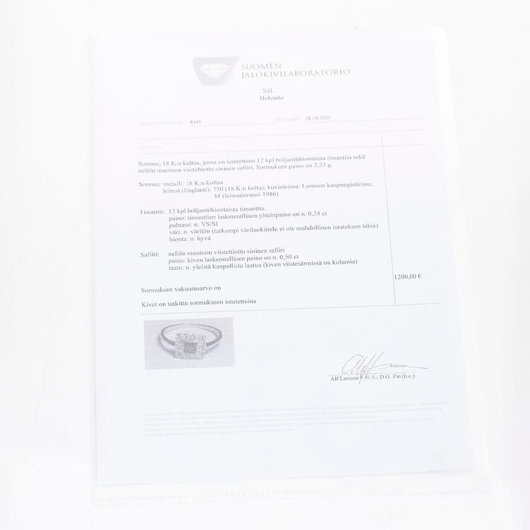 Ring, 18K guld, safir och briljantslipade diamanter, England.