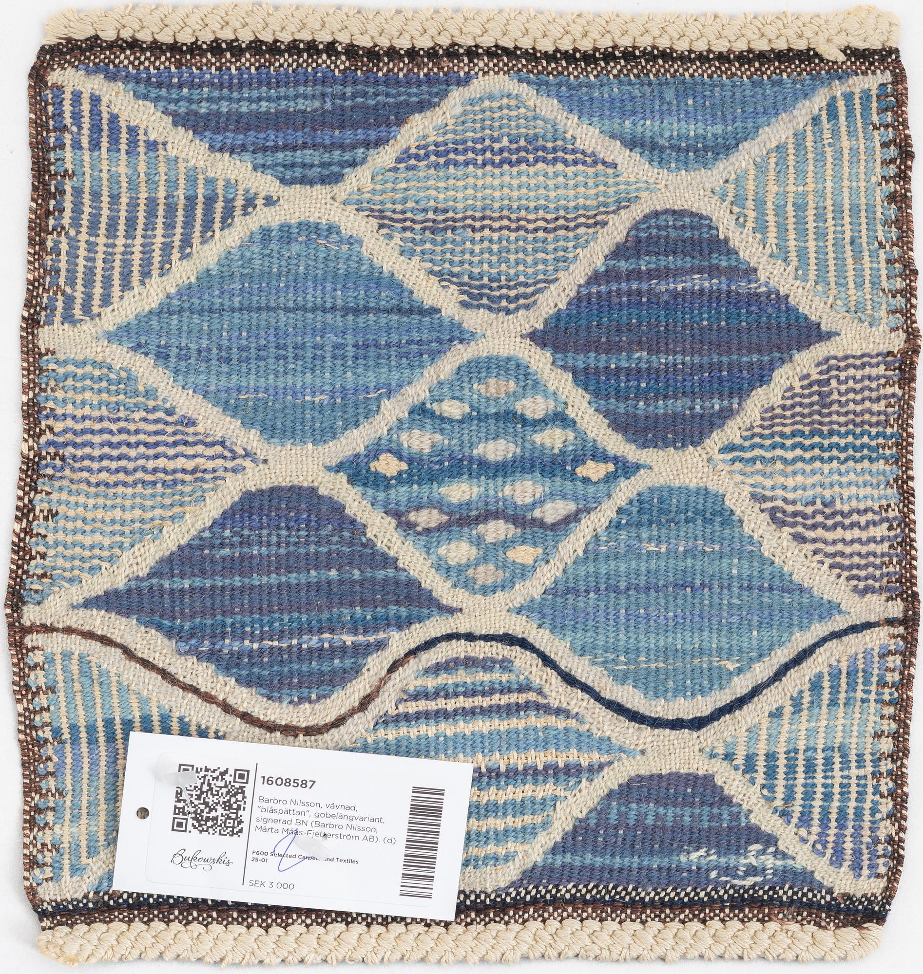 Barbro Nilsson, textile, "Blåspättan", tapestry variant, approx. 31 x 28 cm, signed BN (Barbro Nilsson, AB MMF).