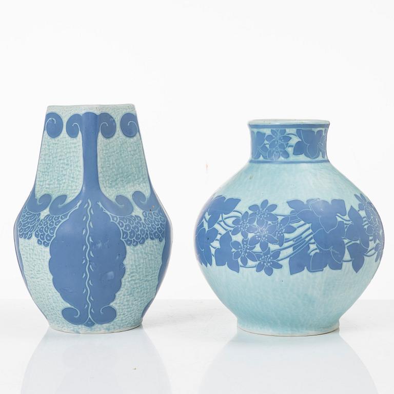 Josef Ekberg, vases, 2 pcs, flint porcelain, "Sgraffito", Gustavsberg 1914 and 1920.