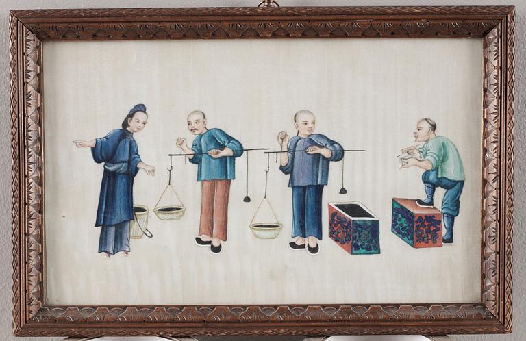 A set of 14 export gouaches on pith paper, portraying the Chinese tea industri, Qing dynasty late 19th Century.