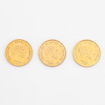 Christian IX, guldmynt 3 st, Danmark, 10 kr, 1873, 1877 och 1900.