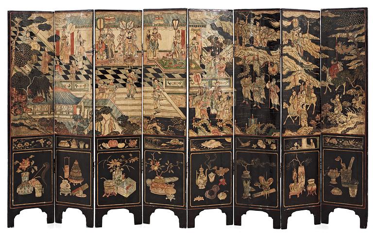 An eight panel lacquer screen, Qing dynasty, presumably Kangxi (1662-1722).