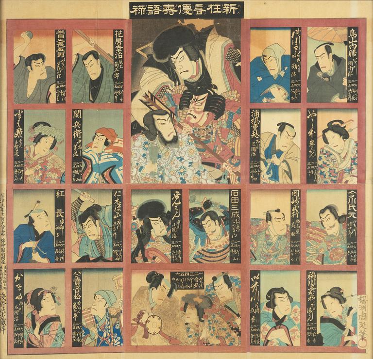Sugoroku-spel, Kabuki skådespelare, träsnitt, Meiji (1868-1912) / tidigt 1900-tal.