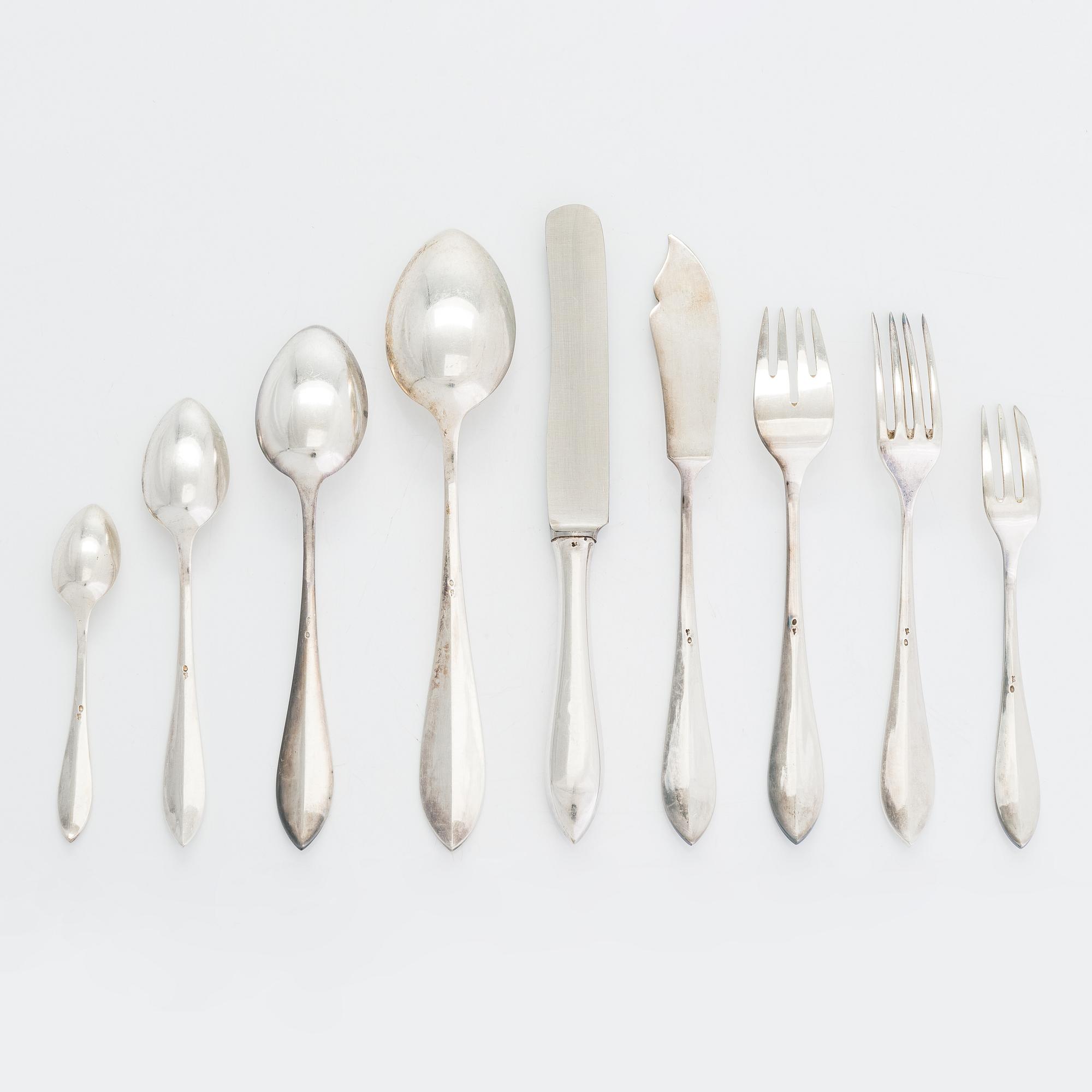 Bestickuppsättning för 12, totalt 108 delar, silver, Warszawa, Polen 1931-1963.