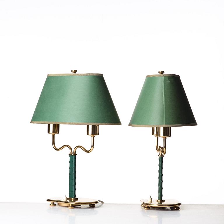 Josef Frank, a pair of brass and green leather table lamps, Svenskt Tenn, model 2388.