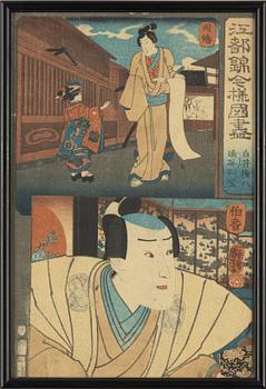 Utagawa Kunisada och Utagawa Kuniyoshi, färgträsnitt, 2st, Japan, 1800-talets mitt.