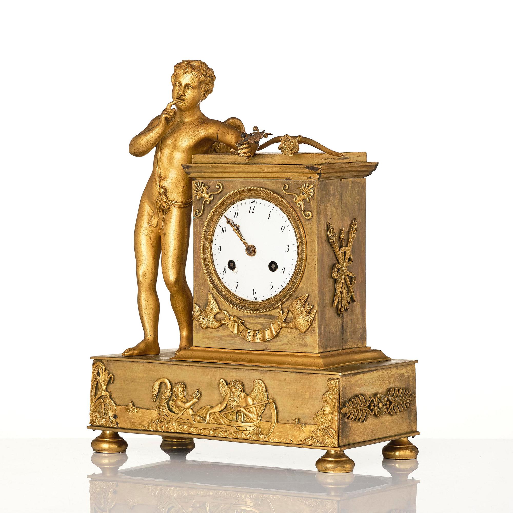 A French Empire ormolu mantel clock, early 19th century.