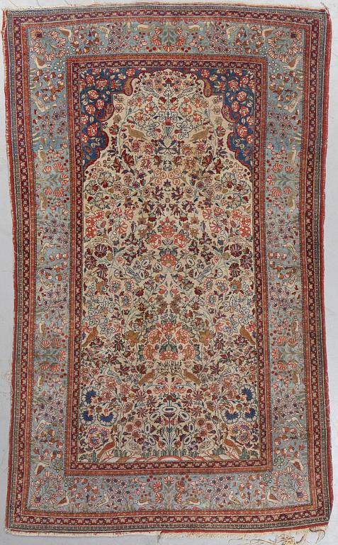 A rug, semi-antique Central persia, figural, ca 228 x 128-136 cm.