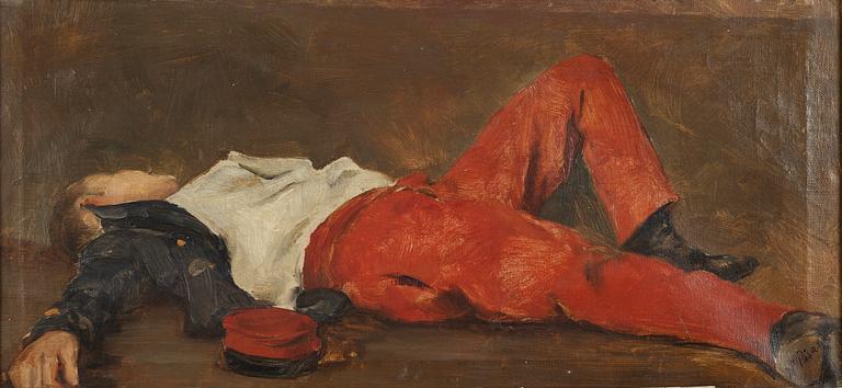 Okänd konstnär, 1800-tal, Liggande man i uniform.